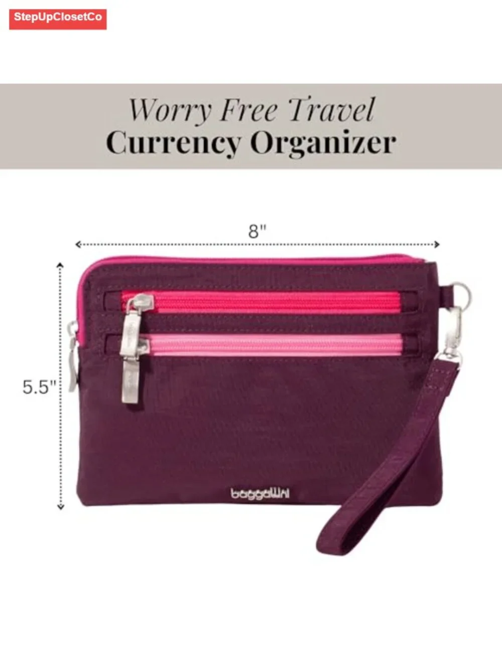 Baggallini RFID Blocking Currency Organizer Wristlet with Detachable Strap,